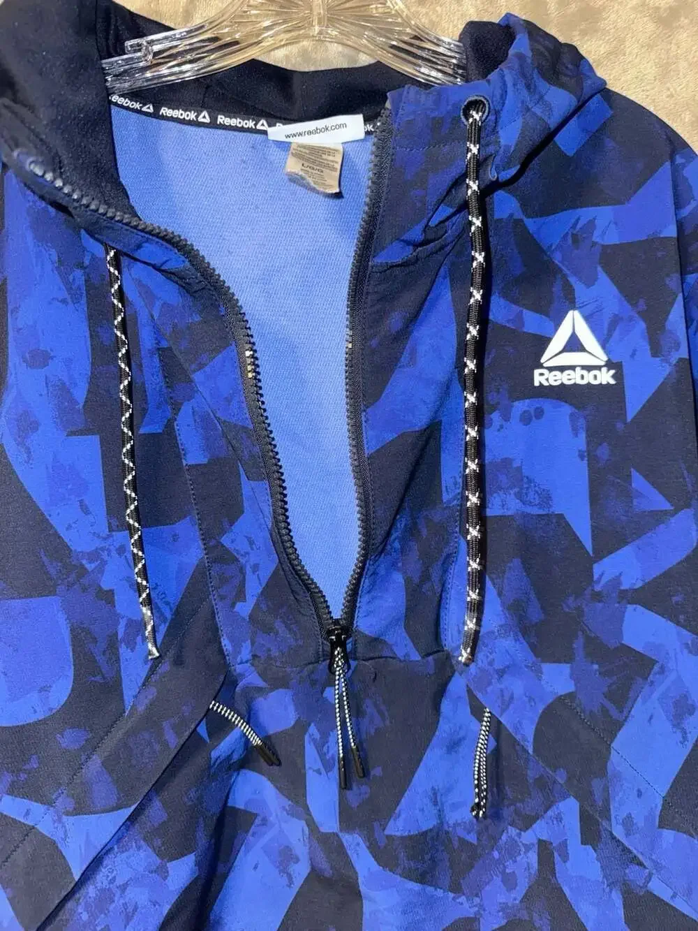 Reebok Men's Size Large Blue Geometric Print Half-Zip Hooded Anorak Jacket